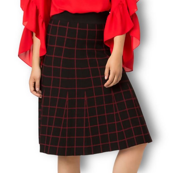 NEW Window Pane check High Waisted BLK Red Midi Skirt S - Picture 5 of 9